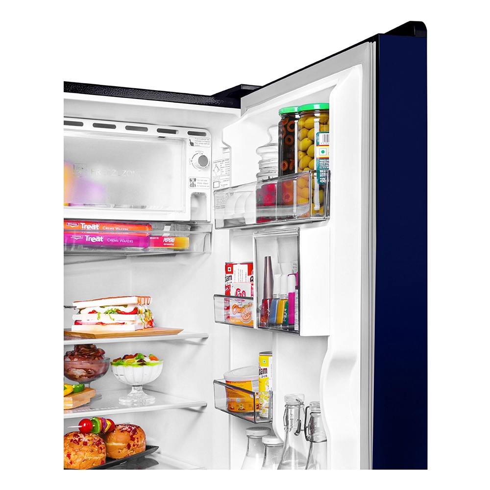 Haier 215L 5 Star Inverter Technology Direct Cool Single Door Refrigerator with Toughened Glass Shelf Base Drawer comes in Glossy Marine Dahelia Finish HRD-2355PMD-P